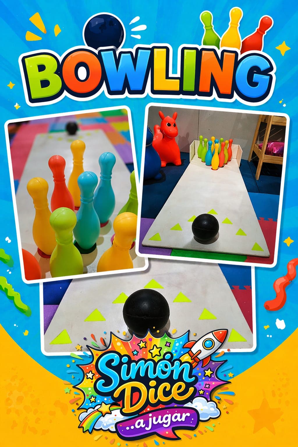 Cartel de bolos infantiles con pinos coloridos, bola negra y el logo Simón Dice.